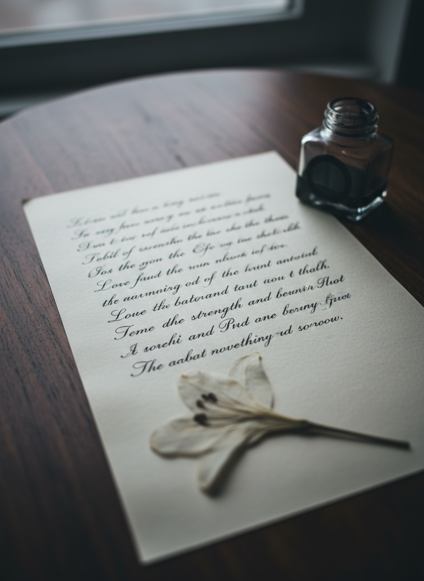 A single sheet of thick ivory paper on a dark walnut table, filled with an inked love poem in flowing calligraphic lines that fade out of focus near the bottom. At the page’s edge, a delicate pressed lily with slightly translucent petals lies partially over the final stanza, its stem fragile yet unbroken. A small, nearly empty ink bottle stands nearby, a faint ring of dried ink around its lip. Cool, overcast window light diffuses across the scene, emphasizing subtle textures in the paper and wood while casting soft, introspective shadows. Photographed in close-up from a three-quarter angle with a very shallow depth of field, the composition feels intimate and contemplative, conveying the strength that lingers after heartbreak through poetic, photographic realism.