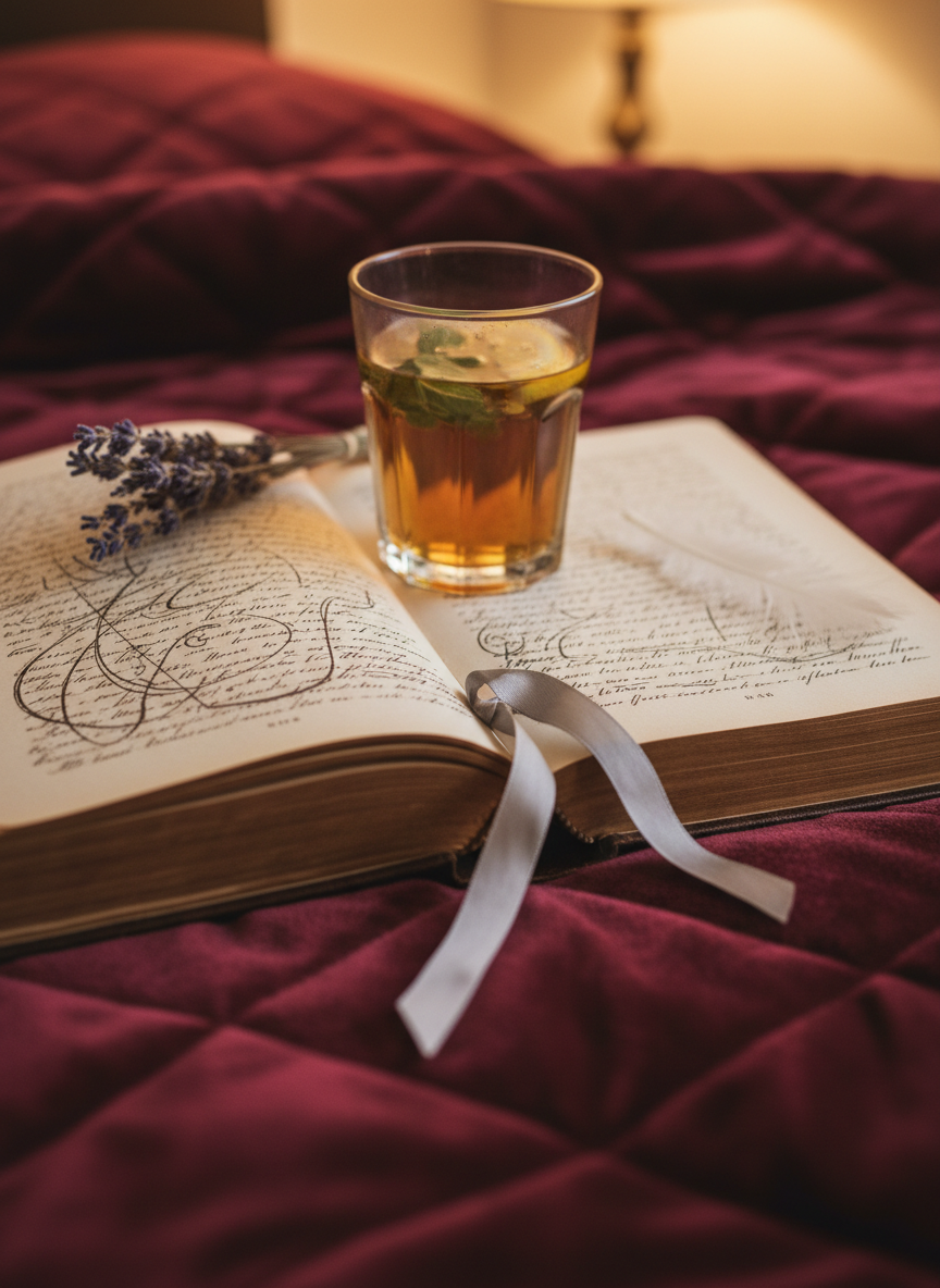 An open leather-bound journal rests on a quilted velvet blanket in deep wine tones, its creamy pages filled with faint handwritten verses that blur into abstraction. A slender bookmark, woven from pale gray silk and frayed at the end, lies across the center fold like a pause in a story. Beside the journal, a clear glass tumbler holds cooled herbal tea, its surface reflecting tiny ripples of light. A small cluster of dried lavender and a single white feather lean against the spine. Soft, warm bedside lamp light pools over the pages, leaving the surrounding fabric in gentle shadow. Shot from a low, intimate angle with a shallow depth of field, the photographic image feels private, resilient, and quietly romantic, capturing healing solitude rather than generic passion.
