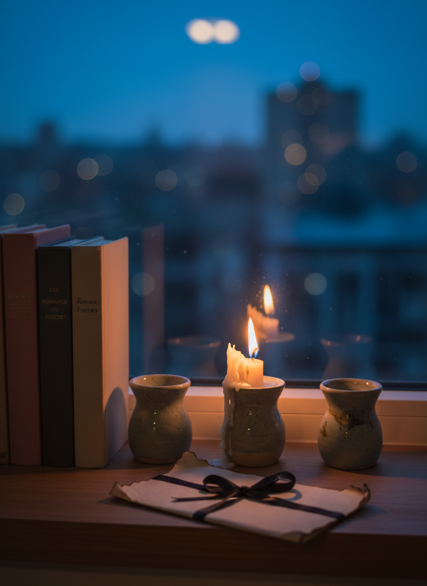 A windowsill at dusk holds a narrow row of romance poetry books, their spines in shades of dusty rose, charcoal, and cream, interspersed with small ceramic votive holders. One candle burns low, wax pooled around the wick, casting a fragile flicker of light that reflects in the glass windowpane. Outside, the world is softly blurred into indigo and distant bokeh lights, suggesting a city beyond grief. In front of the books, a folded piece of parchment tied with a thin black ribbon rests, its edges slightly singed as if salvaged from a difficult chapter. The scene is photographed at eye level with careful rule-of-thirds framing and a gentle contrast between candlelight and fading natural blue hour. The mood is introspective, resilient, and sophisticated, echoing love enduring through sorrow.