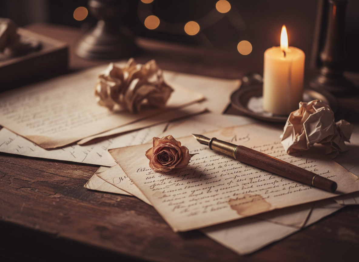 Vintage desk scattered with aged handwritten letters, a flickering ivory candle, and a dried pale rose — grief-stricken yet hopeful, warm golden and dusty rose tones