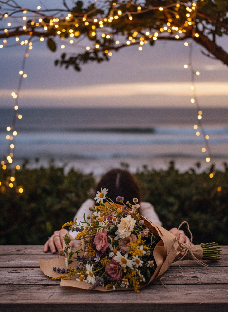 A cinematic outdoor evening scene — fairy lights strung through nearby hedgerow and overhead, casting a warm golden glow. A loosely wrapped bouquet of wildflowers tied in brown paper and twine rests on a weathered wooden surface or in someone's hands. In the distance, soft ocean waves roll gently under a dusky violet and rose-gold sky. The mood is tender, romantic, and quietly hopeful. Cottagecore elegance meets coastal magic. Warm amber, dusty rose, ivory, and soft lavender tones. Shallow depth of field, cinematic film grain, painterly quality.