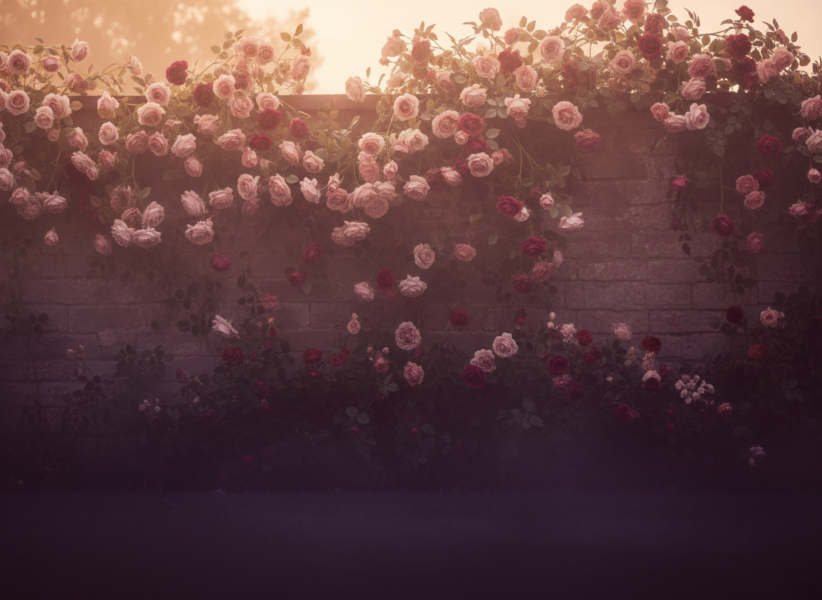 Cinematic twilight garden at dusk transitioning from warm golden hour to deep shadows. Stone garden wall covered with cascading climbing roses in blush pink, dusty rose, and deep burgundy. Warm ivory and sage green foliage visible. Golden hour sunlight fading at top to rich purple and burgundy tones at bottom. Mist rolling in through the garden. Ethereal, romantic, moody atmospheric transition.