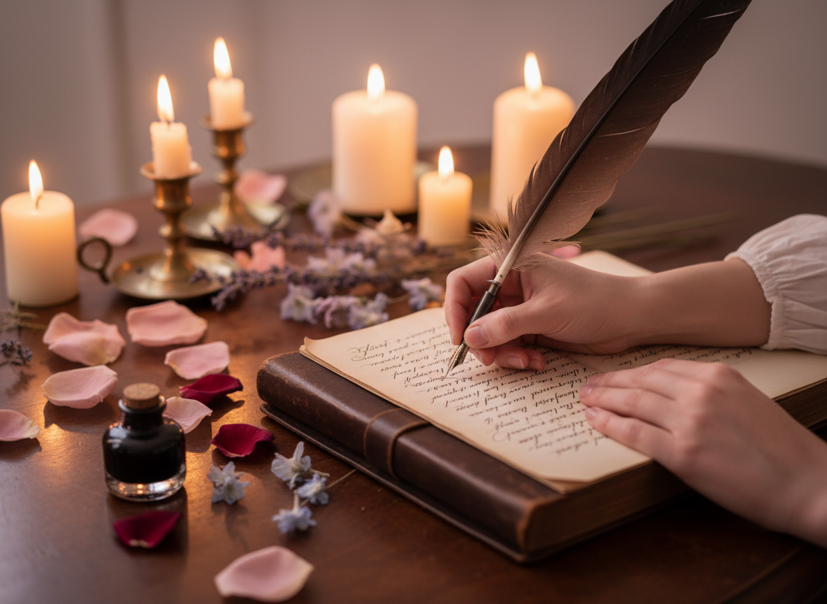 Woman's hands writing with quill pen at candlelit vintage desk with rose petals