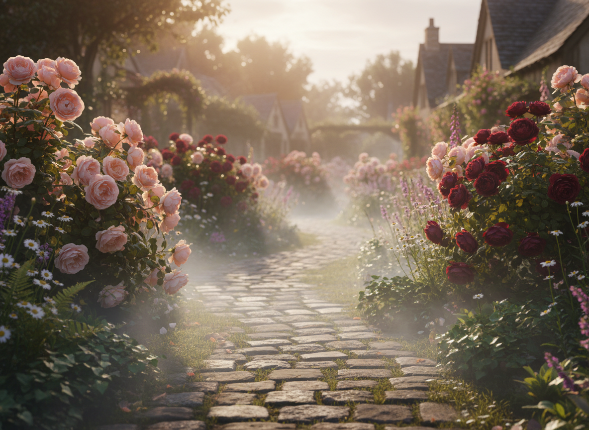 Winding stone garden path at golden hour lined with blush and burgundy roses