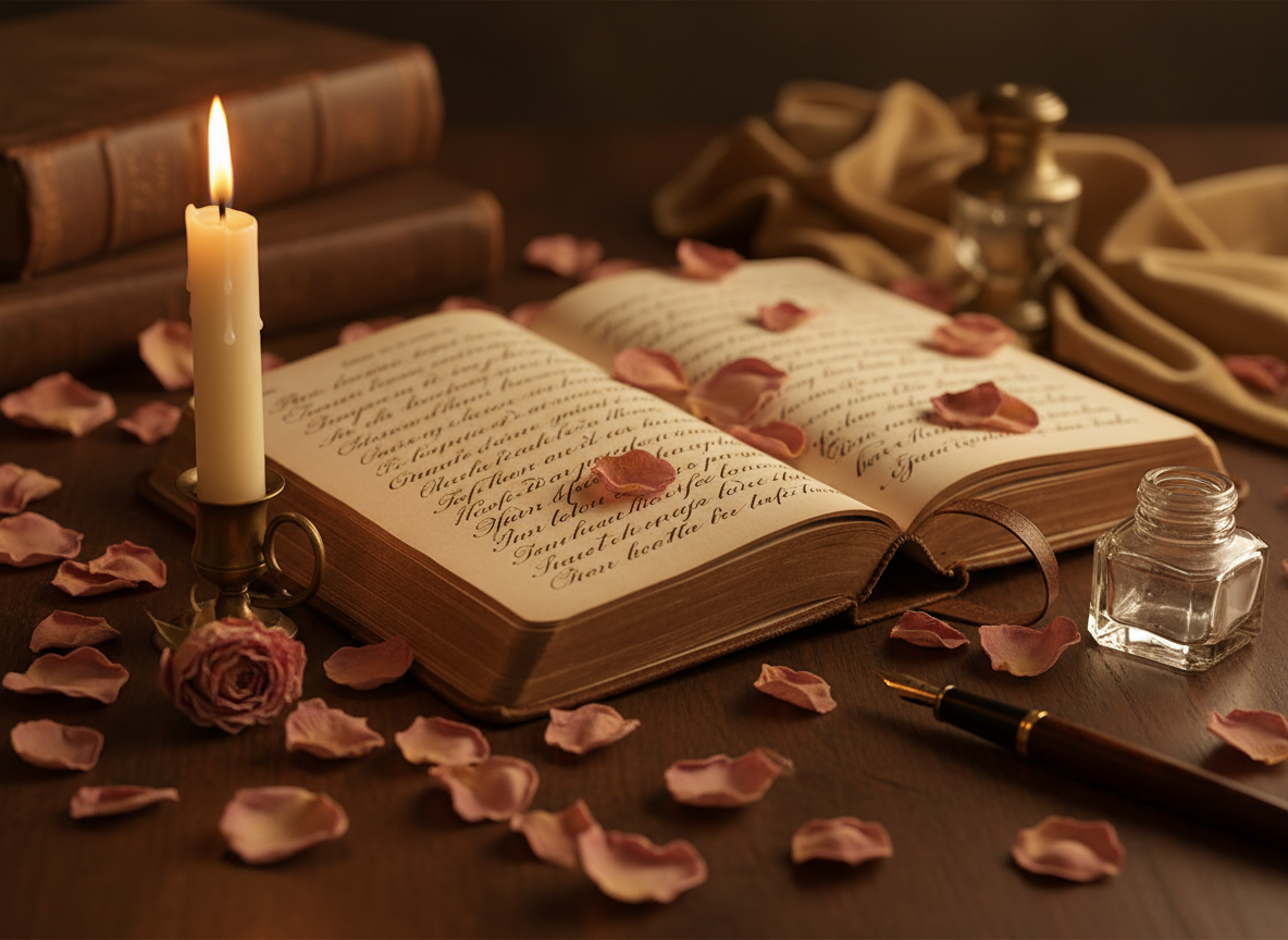 Open leather journal with candle, rose petals and fountain pen in warm candlelight