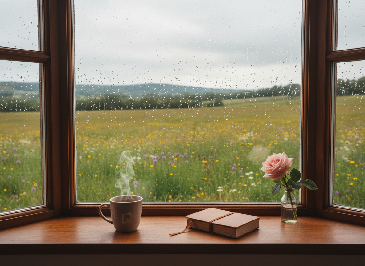Raindrops on bay window with meadow view, steaming tea mug and blush rose on windowsill