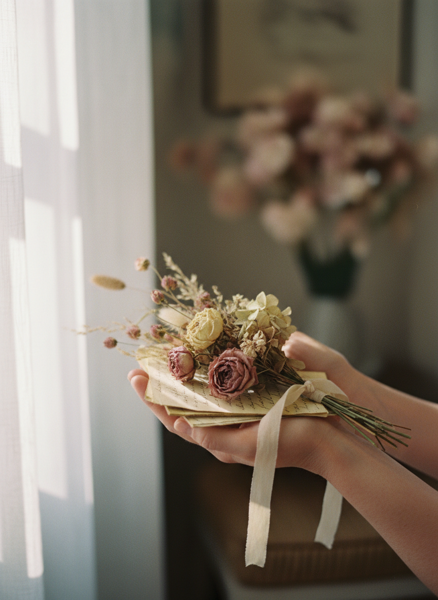 Ultra-cinematic portrait of a woman's hands gently holding a bundle of dried flowers and handwritten letters, soft afternoon light filtering through sheer curtains, muted dusty rose and ivory tones, themes of grief, memory, womanhood, and relationships, atmospheric and emotional, film photography aesthetic with gentle bokeh