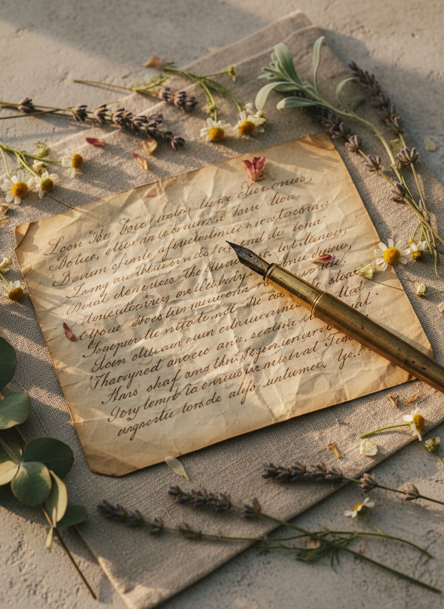 A cinematic, intimate flat-lay scene with crisp depth and warm afternoon light. An aged handwritten letter, slightly crinkled and filled with flowing cursive script, rests open on a linen or stone surface. A worn fountain pen with an ink-stained nib lies diagonally across the letter. Scattered around the composition are delicate dried wildflowers and fresh herbs — lavender sprigs, small white chamomile blooms, and eucalyptus leaves. The textures are rich and tactile. The mood is private, romantic, and literary. Shot from a slightly elevated angle with a shallow depth of field. The color palette is warm and muted — cream, dusty rose, sage green, and aged parchment tones. Cinematic quality with soft, diffused natural light. No glass or journal — letters, pen, and botanicals only.