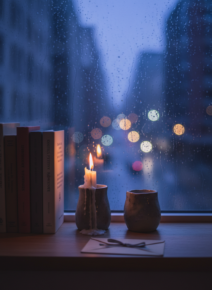 A windowsill scene at blue hour dusk. A row of slim poetry and romance books stand upright, their spines in muted tones of dusty rose, charcoal, and cream. Three small handmade ceramic votive holders sit on the sill, one holding a burning candle with wax dripping softly down the side, casting a warm amber glow that reflects faintly in the rain-flecked windowpane. Outside, the city dissolves into soft indigo bokeh — distant lights blurred into glowing orbs. A folded letter tied with a thin dark ribbon rests in the foreground on the wooden sill. The scene is shot at eye level with shallow depth of field, cinematic blue-hour color grading, warm candlelight contrasting against the cool dusk. The mood is introspective, quiet, and sophisticated — solitude in the city.