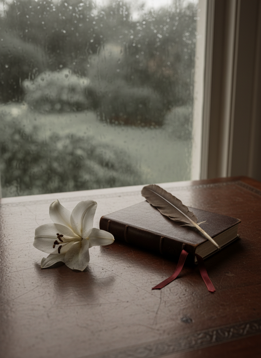 A single pressed lily rests on the surface of an antique writing desk near a rain-streaked window. The lily is delicate and slightly translucent, its petals catching the diffused grey light. Beside it, a closed leather journal with a ribbon bookmark, and a dry quill pen. The desk surface shows aged patina and faint ink stains. The window beyond is blurred, rain softly distorting the grey-green garden outside. The mood is melancholic, reflective, and deeply literary — evoking unfinished letters and quiet grief. Shot from a slightly elevated angle, warm shadows and cool exterior light in tension. Cinematic quality, shallow depth of field, rich texture. No poem paper, no ink bottle — a new composition entirely.