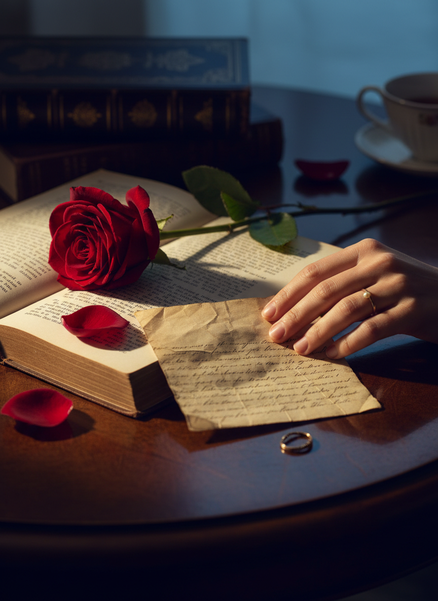 A cinematic, emotionally layered still life scene. A single red rose, petals beginning to drop — two or three petals fallen onto the surface below — rests across an open book of poetry on a dark marble or aged wood surface. A woman's delicate hand, partially in frame, holds a folded letter, its edges worn, the ink slightly smudged as if from tears or time. A thin gold ring lies nearby. The light is dramatic yet tender — a single warm source from the side casting long shadows, with cool ambient fill. The scene blends romance and grief in equal measure: beautiful, heavy, and unresolved. Selective focus, shallow depth of field, rich shadows and highlights. Cinematic quality. The mood is sophisticated and quietly devastating — strength found in the weight of feeling, not the absence of it.