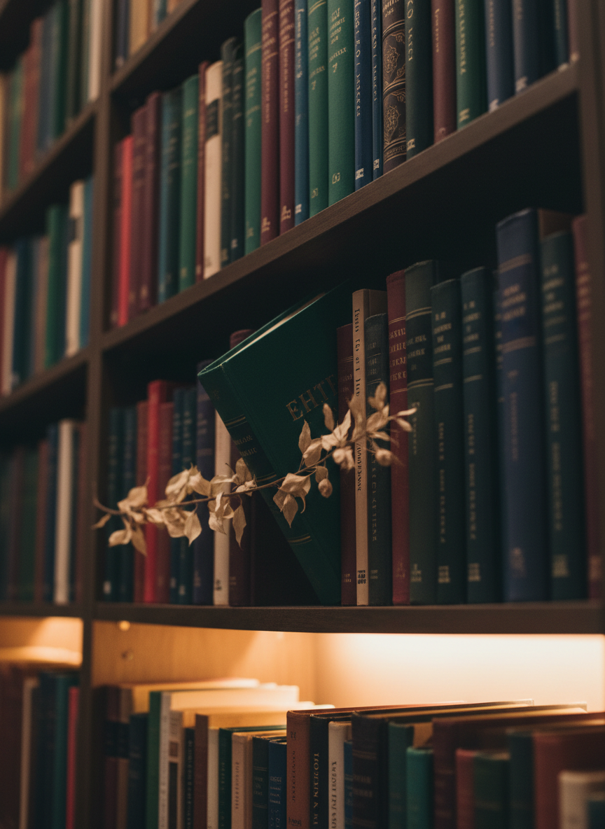 A tall, narrow bookshelf detail shot in a softly lit study. Slim volumes of poetry and literary fiction stand upright, their spines in deep jewel tones — burgundy, forest green, midnight navy, and faded gold. One book has been pulled halfway out, as if mid-reach. A dried botanical sprig is tucked between two spines. Warm lamplight from below casts a gentle upward glow, creating rich contrast against the shadowed upper shelves. Shot from a low angle looking slightly up, shallow depth of field, bokeh dissolving the upper books into soft color. Cinematic quality, sophisticated and intimate.