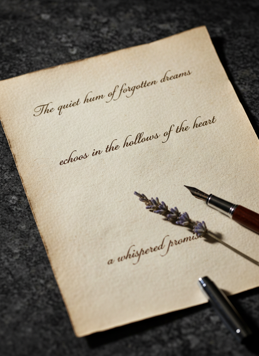 A single open poem on heavy cream paper, handwritten in elegant ink script, rests on a dark stone surface. The lines of verse are crisp and legible near the top, dissolving into soft blur lower down. A delicate dried wildflower is pressed flat beside the final line. A fine-nibbed pen rests diagonally across the corner of the page. Cool, directional light from one side carves sharp contrast across the paper's texture. Shot in close-up from a slightly elevated angle, shallow depth of field, cinematic quality. The mood is introspective, elegant, and intimate — the quiet power of words on a page.
