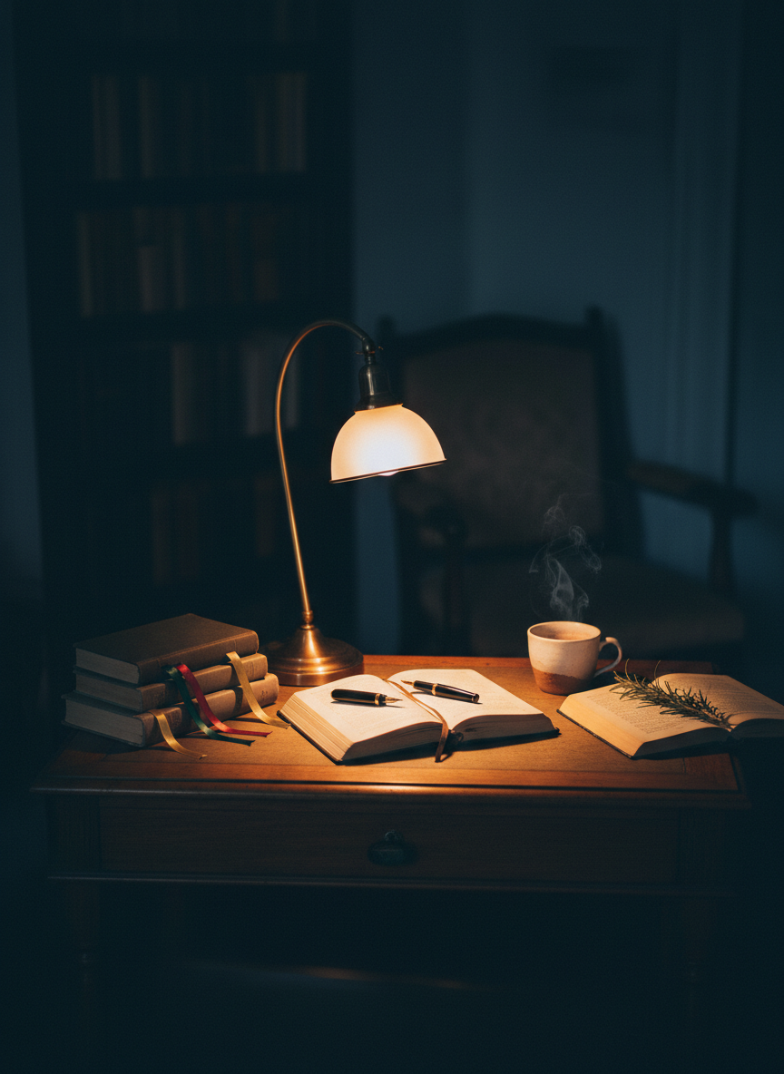 A narrow writing desk tucked into a dimly lit corner, illuminated by a single arched lamp casting a warm circle of gold light. An open journal lies at the center, a fountain pen resting in the crease. Around it: a small stack of poetry collections with ribbon bookmarks, a ceramic cup of tea sending a faint curl of steam upward, and a sprig of dried rosemary pressed between two pages. The surrounding room dissolves into soft shadow. Shot from a slightly elevated angle, shallow depth of field, warm amber tones against cool darkness. Cinematic quality, intimate and sophisticated. The mood is solitary and devoted — a writer lost in their own world.