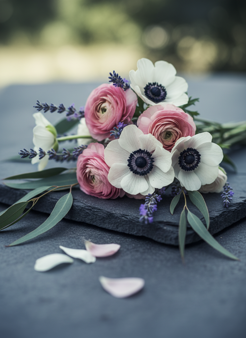 Lush, intimate close-up of wildflowers and garden blooms — white anemones, dusty pink ranunculus, sprigs of lavender, and trailing eucalyptus — resting on a dark stone surface. Petals crisp and richly detailed at center, softening into dreamy bokeh at the edges. A few loose petals fallen onto the surface. Cool directional natural light from one side, soft shadows beneath the stems. Low angle, very shallow depth of field. Cinematic quality, sophisticated and quietly romantic. The mood is tender and literary — flowers as feeling, beauty edged with transience.