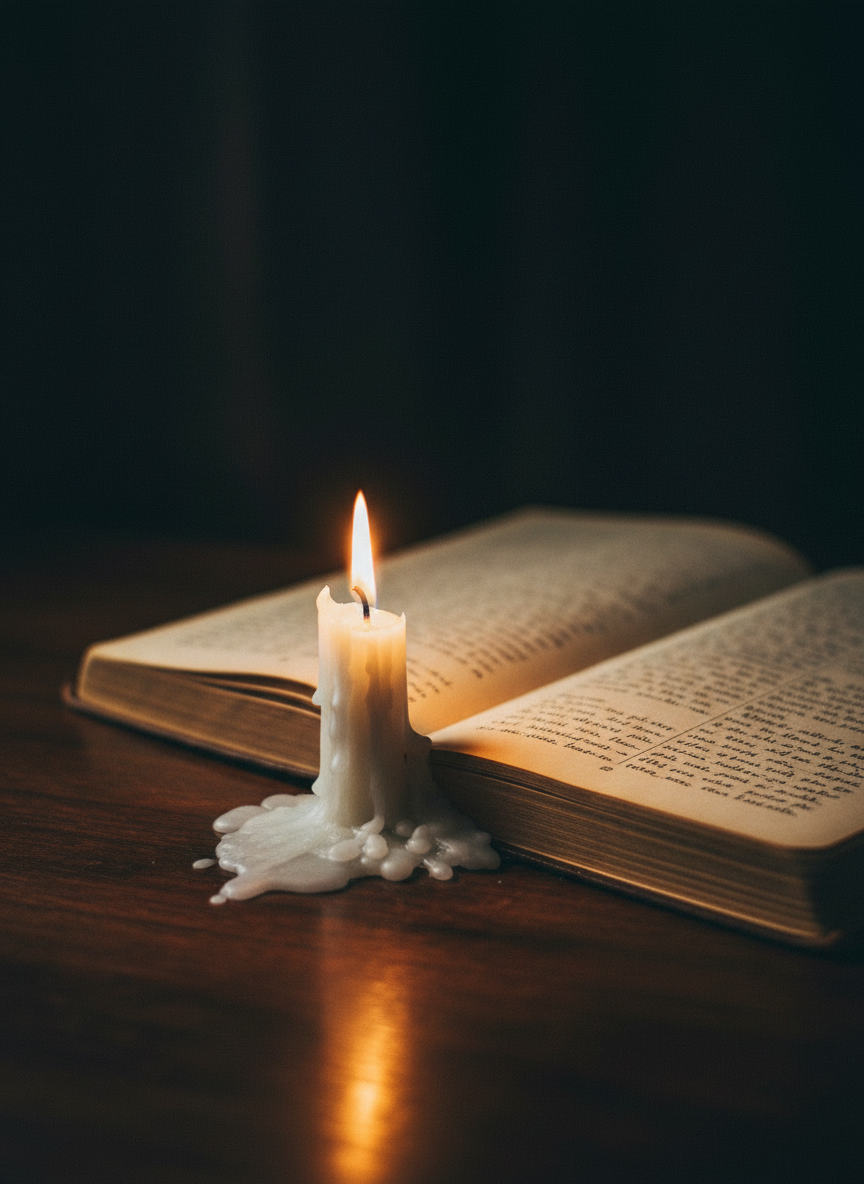 A single lit candle beside an open worn journal on a dark wooden surface, wax pooled at the base, warm candlelight casting a soft glow across handwritten pages. The room beyond is dark and undefined. Shot from a low angle, shallow depth of field. Crisp, cinematic quality. The mood is solitary, contemplative, and quietly at peace.