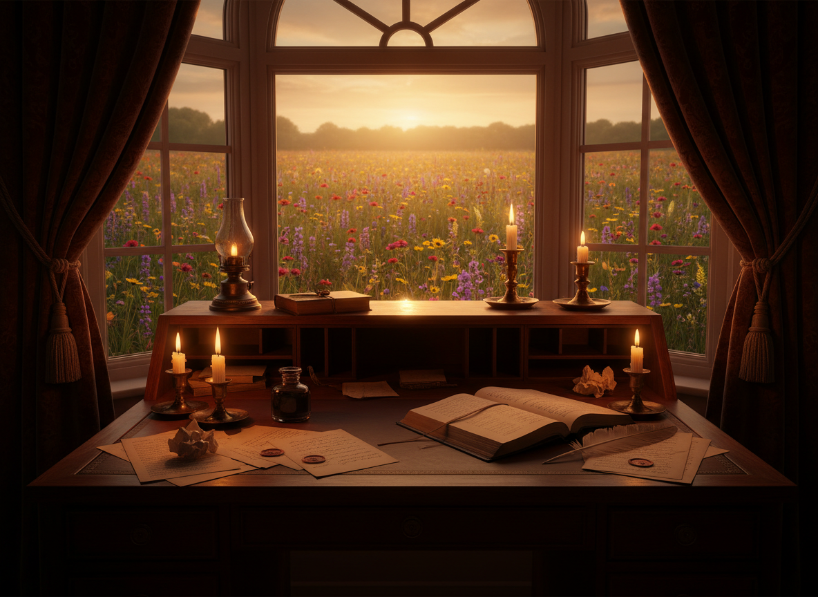 A photorealistic interior scene of an antique wooden writing desk positioned in front of a large arched bay window. Outside the window, a wildflower meadow glows in warm golden hour light at dusk. The room is dimly lit with warm amber candlelight casting soft shadows across the desk, scattered handwritten letters, an open leather-bound journal, a vintage ink bottle and quill. The atmosphere is deeply romantic, moody, and intimate — rich warm tones of amber, deep burgundy, and mahogany. Curtains of dark velvet frame the window. The overall mood is literary, nostalgic, and sensual.